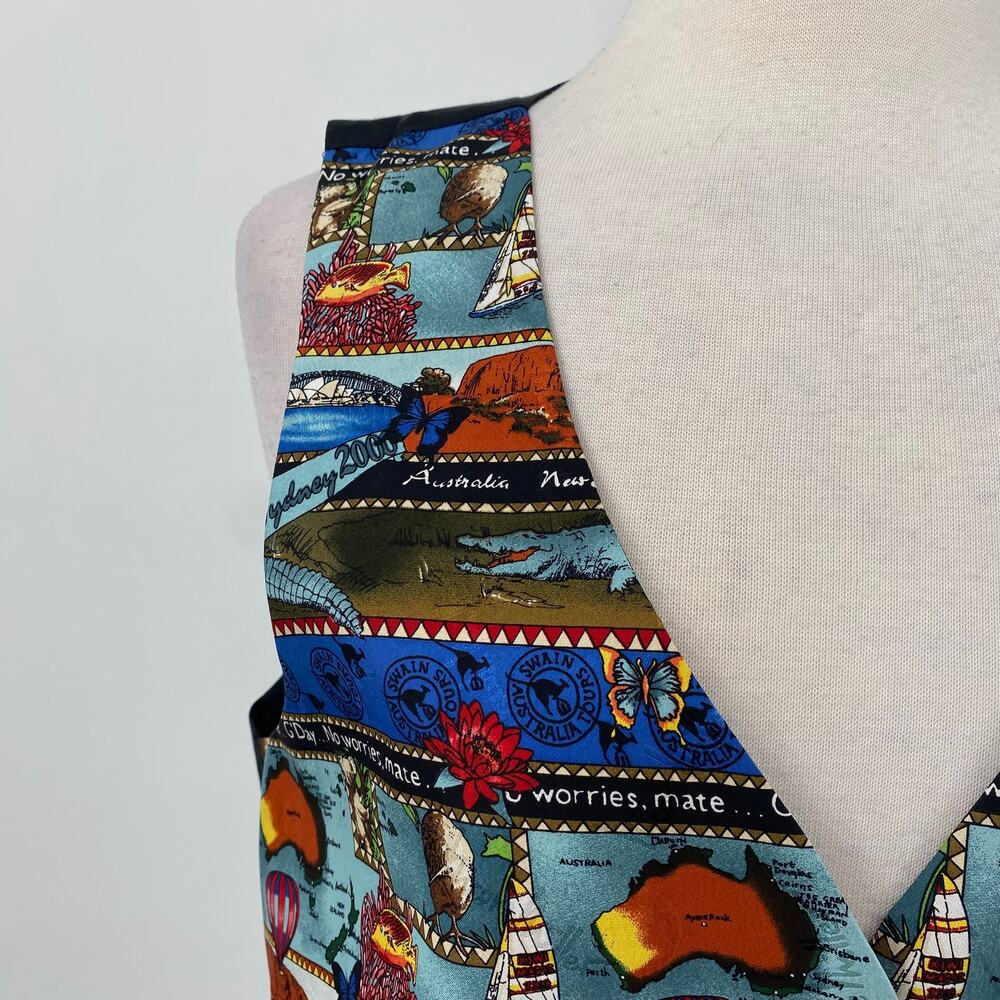 Vintage 90s Nicole Miller Silk Vest Australia Pattern Black Blue Red NEW Large - Picture 3 of 12